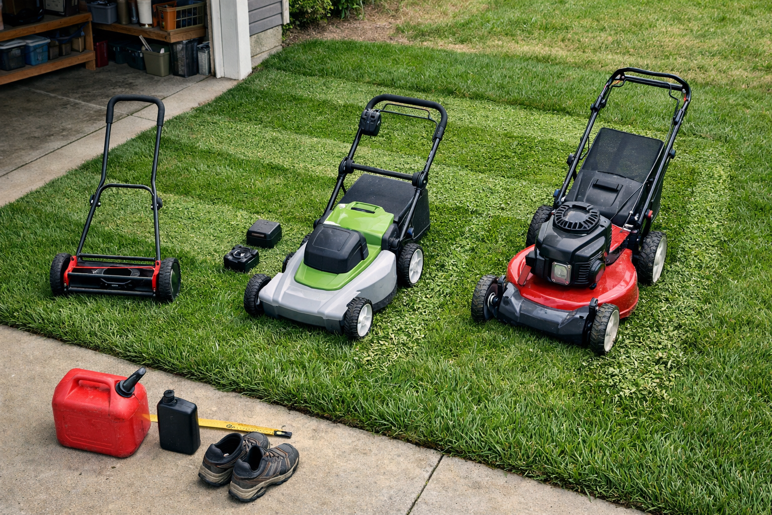 Overhead comparison of three unbranded mowers on a suburban lawn, illustrating the best walk-behind push mower workload.
