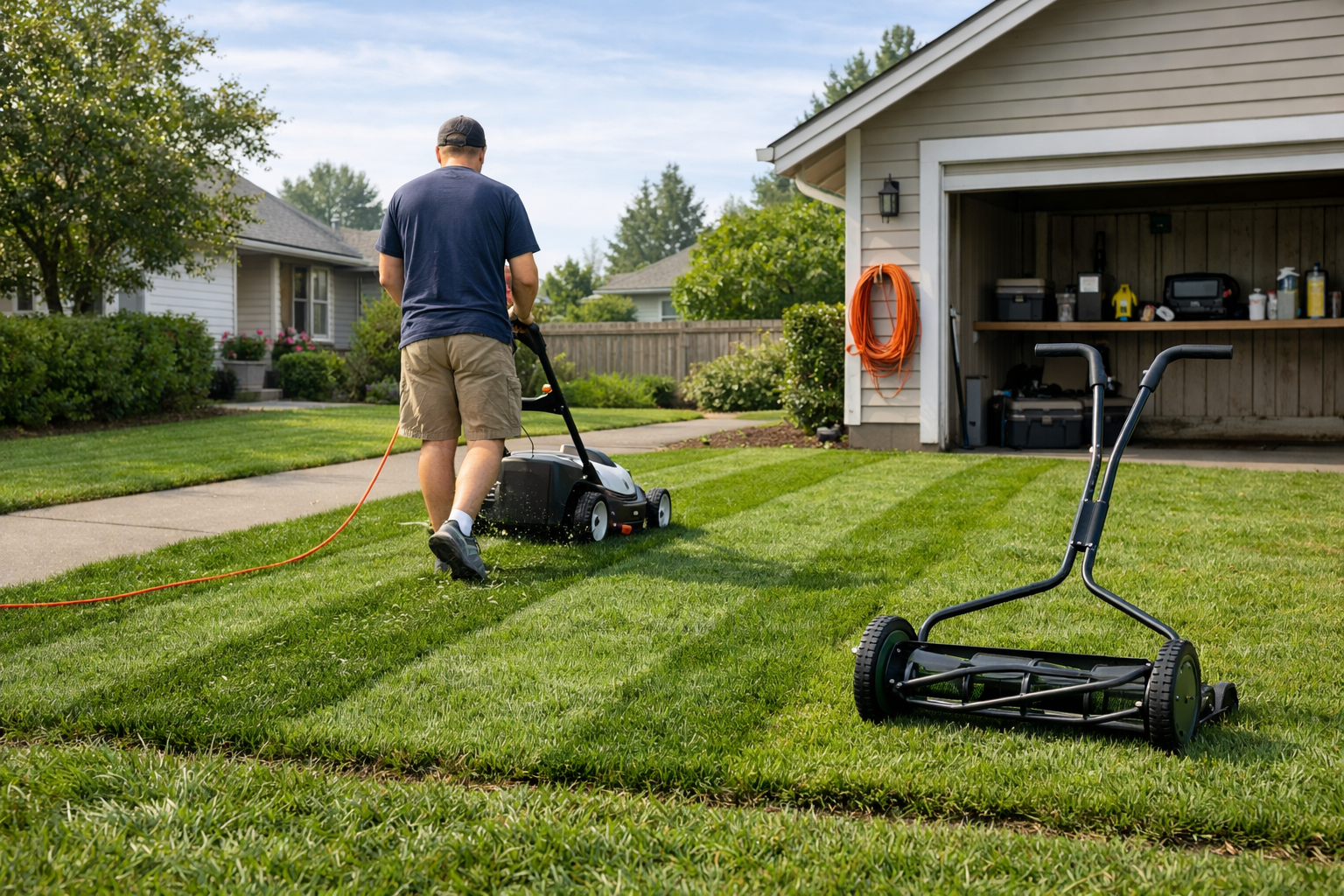 Best walk-behind push mower comparison on a suburban lawn, with electric mower, reel mower, and visible safety gear.