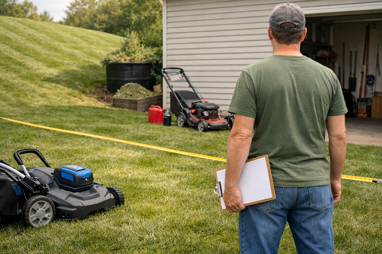 Homeowner compares a battery and gas mower on a suburban lawn, measuring terrain to choose the best walk-behind push mower