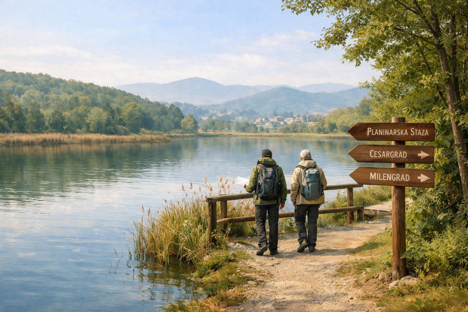 Šetači uz jezero kraj putokaza; mirno jutro u Zagorju, što posjetiti u Zagorju
