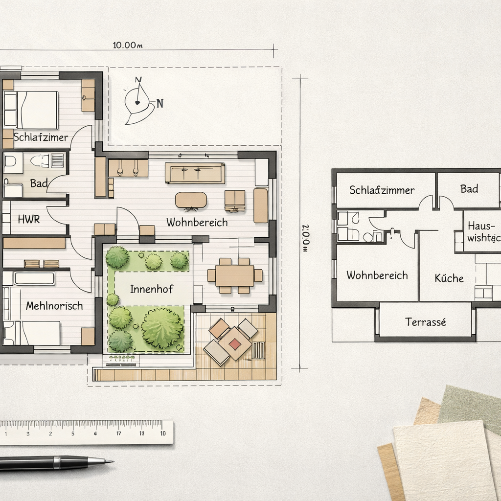 L-förmiger Bungalow-Grundriss mit Innenhof, Terrasse und Möblierung, ergänzt durch eine Vergleichsvariante; grundrisse von bungalows