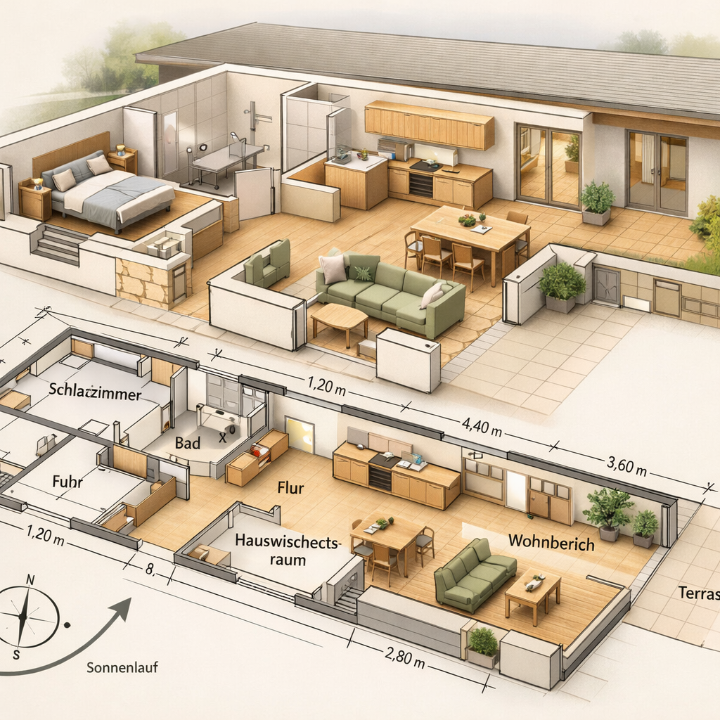 Grundrisse von Bungalows: Barrierefreier Bungalow mit L-förmigem Grundriss, Terrasse, Innenhof und beschrifteten Wohnräumen.
