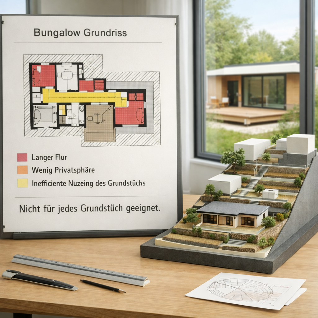 Beschrifteter Bungalow-Grundriss neben steilem Grundstücksmodell im Planungsstudio; Hinweis „Nicht für jedes Grundstück geeignet“ und grundrisse von bungalows.