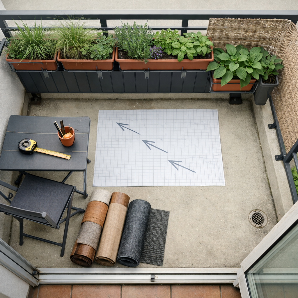 Balkone Ideen: Vogelperspektive auf einen begrünten, windgeschützten Balkon mit Pflanzkübeln, Sichtschutz und Möbeln.