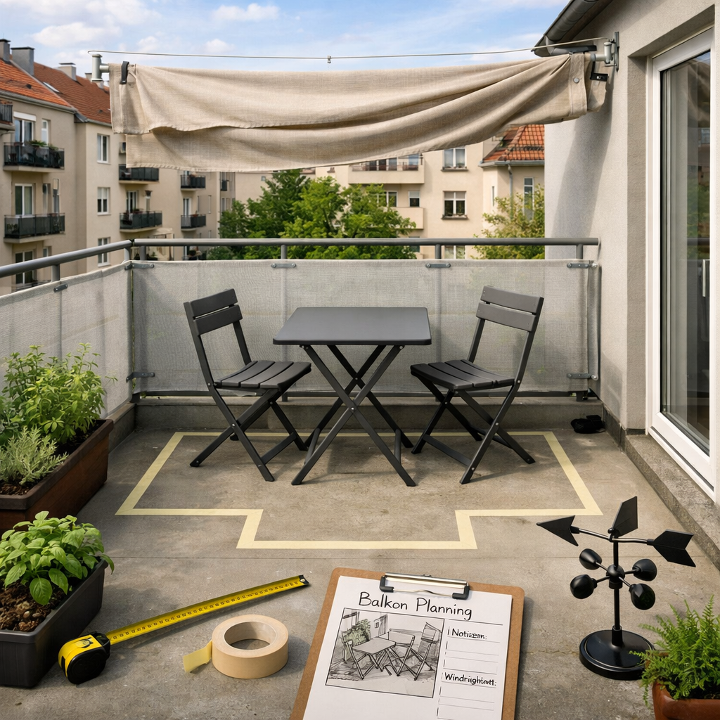 Balkone ideen: Aufgeräumter Mietwohnungsbalkon mit Sonnenschutz, Sichtschutz, Klappmöbeln, Pflanzen und Planungsunterlagen.