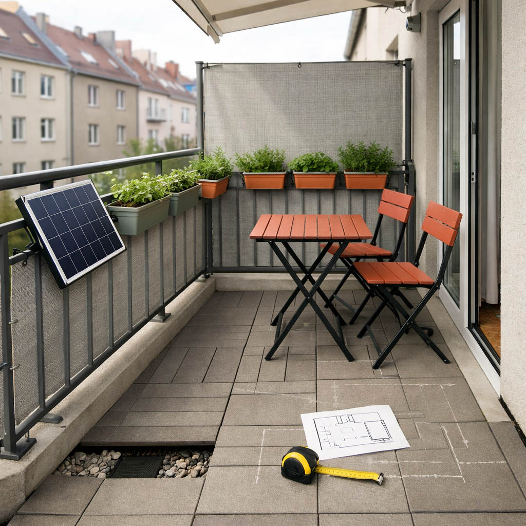 Balkon mit Möbeln, Pflanzen, Solar-Panel und freiem Ablauf – praktische balkone ideen ohne Stolperfallen.