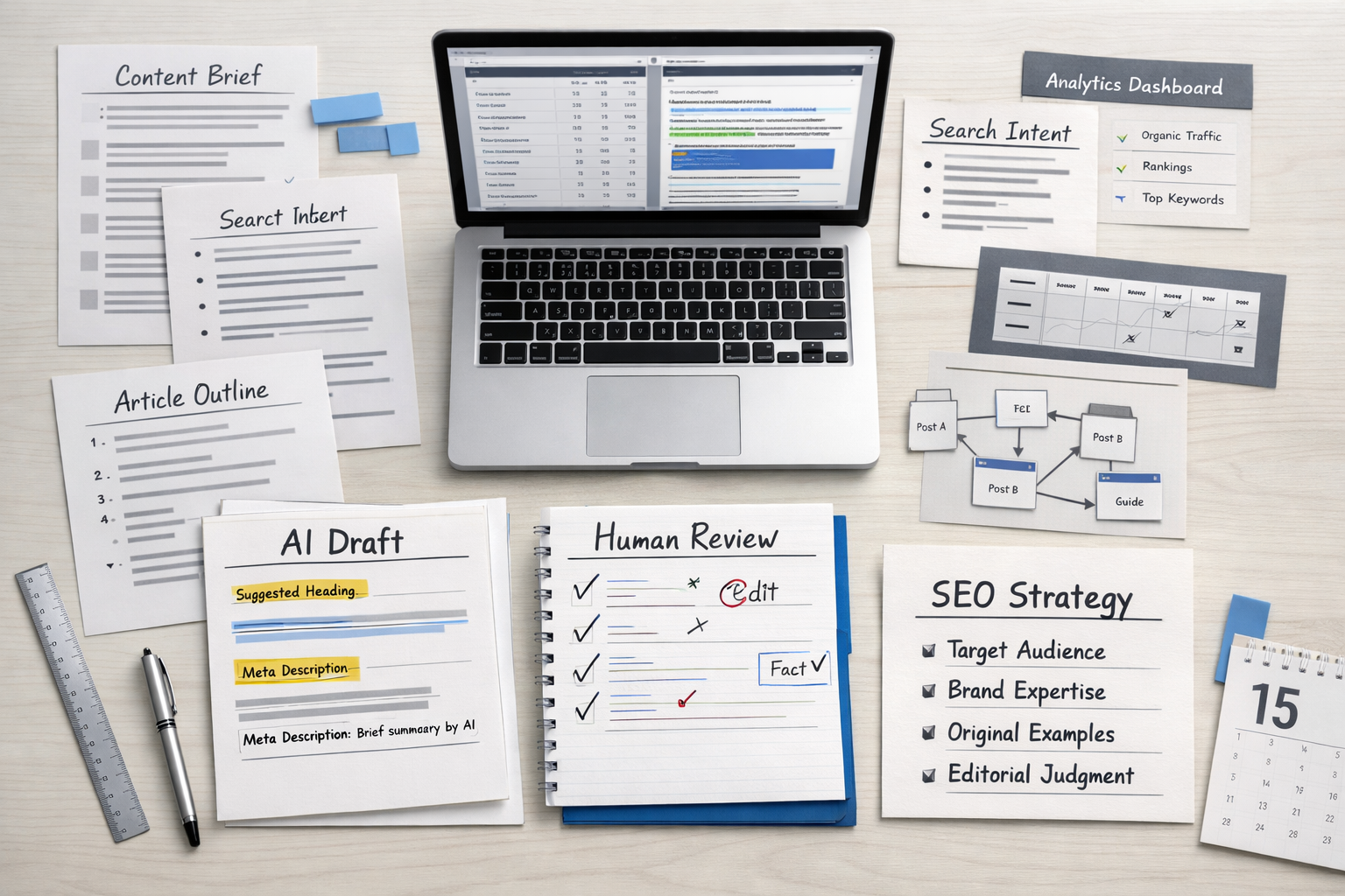 Flat lay of an SEO blog writer workflow showing AI drafting, human review, keyword research, and SEO strategy documents.