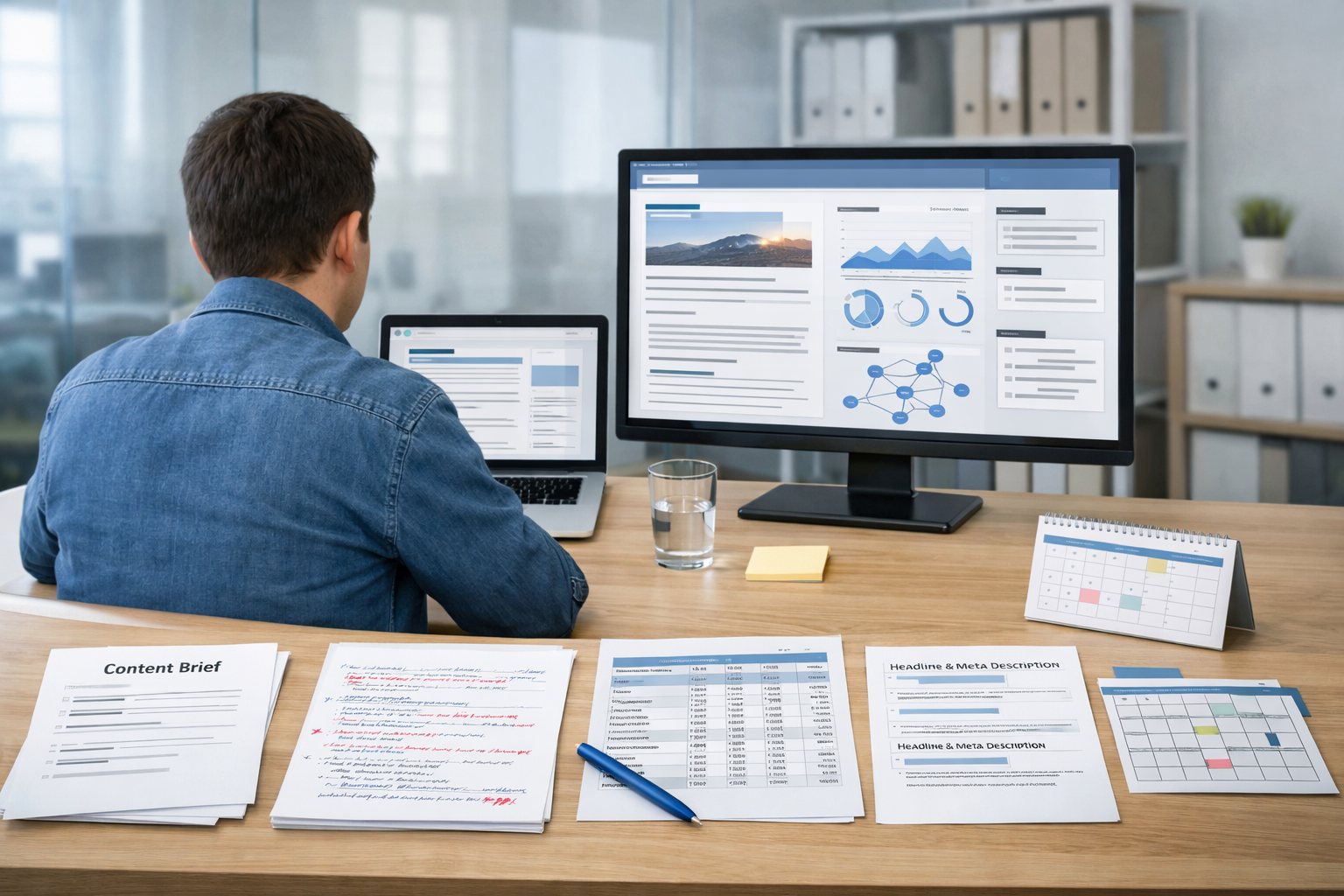 SEO blog writer reviewing article analytics, metadata, and content plans at a bright modern workspace with laptop and monitor.