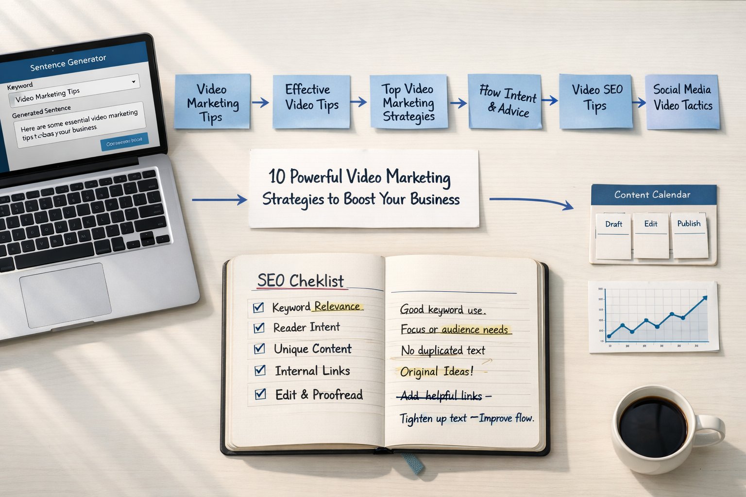 Bird’s-eye desk showing a sentence generator free workflow from keyword prompt to SEO blog outline, checklist, and content calendar.