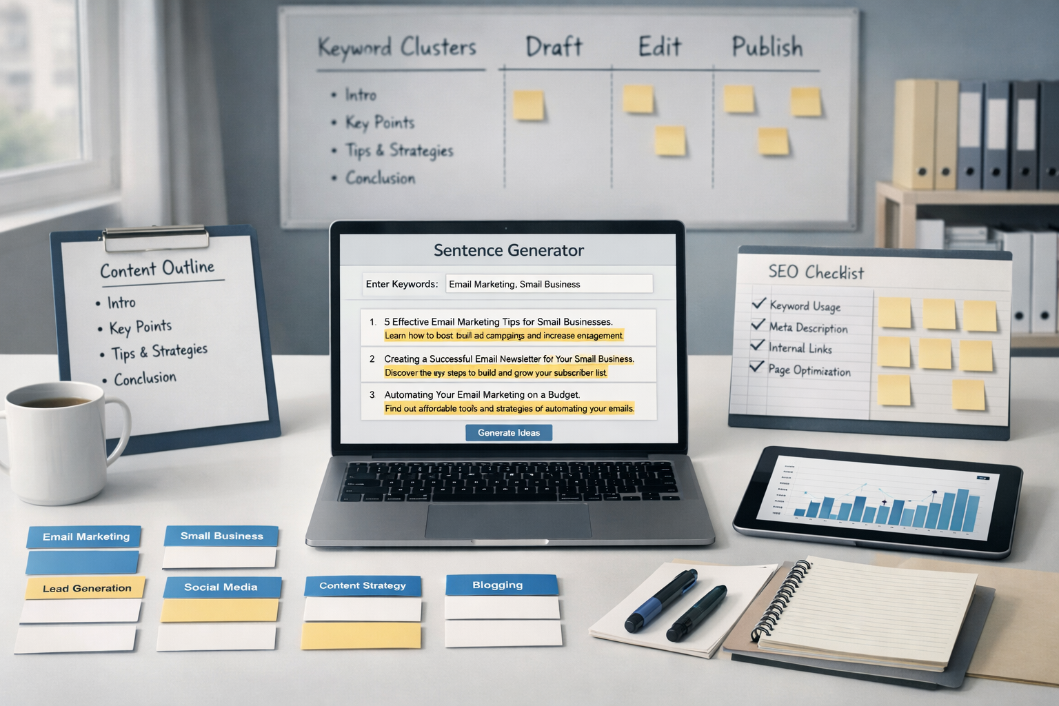 Workspace with laptop showing a sentence generator free tool, surrounded by keyword clusters, SEO notes, drafts, and a content calendar.