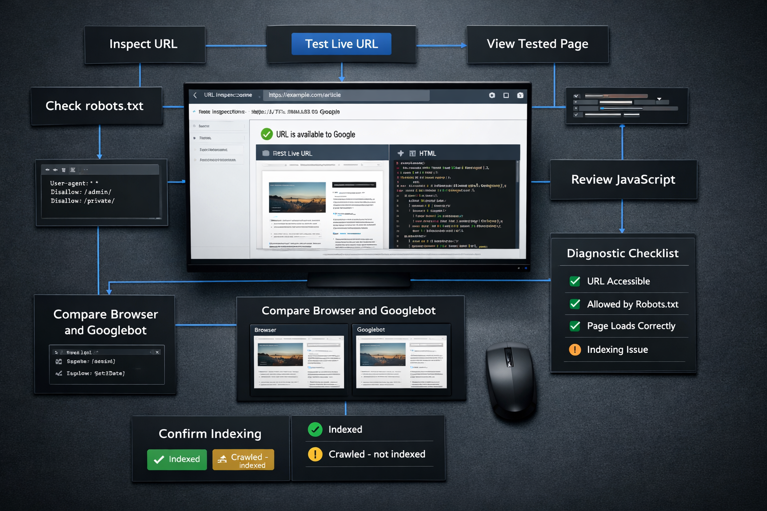 SEO diagnostics workstation showing Google URL Inspection, robots.txt, JavaScript, workflow cards, and “view page as googlebot” comparison.