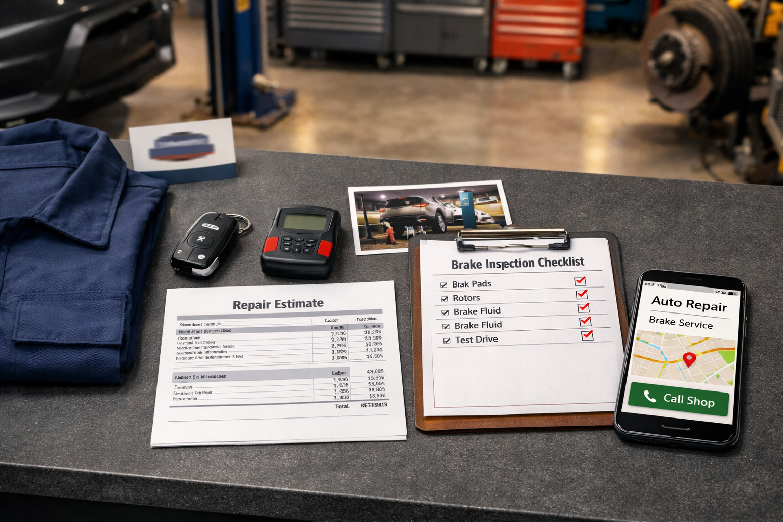 Flat-lay auto shop desk with scanner, estimate, brake checklist, phone search, and tools illustrating seo for auto repair shops.