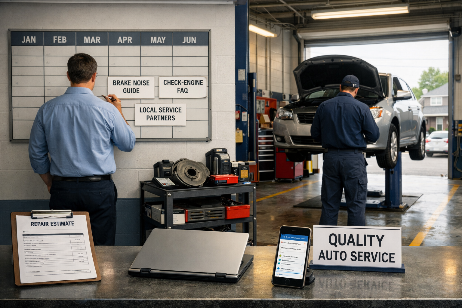 Auto repair shop shows planning board, mechanic, local search phone result, and steady growth through seo for auto repair shops