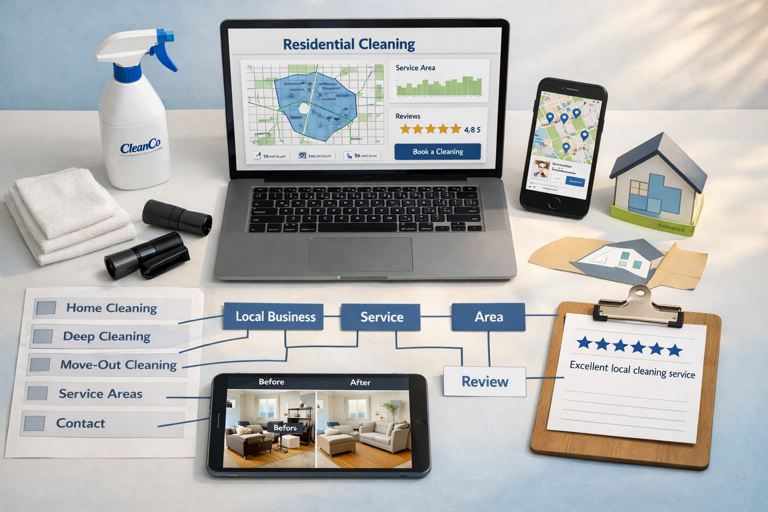 Flat-lay of cleaning services seo tools: laptop dashboard, local map, service pages, reviews, and cleaning supplies.