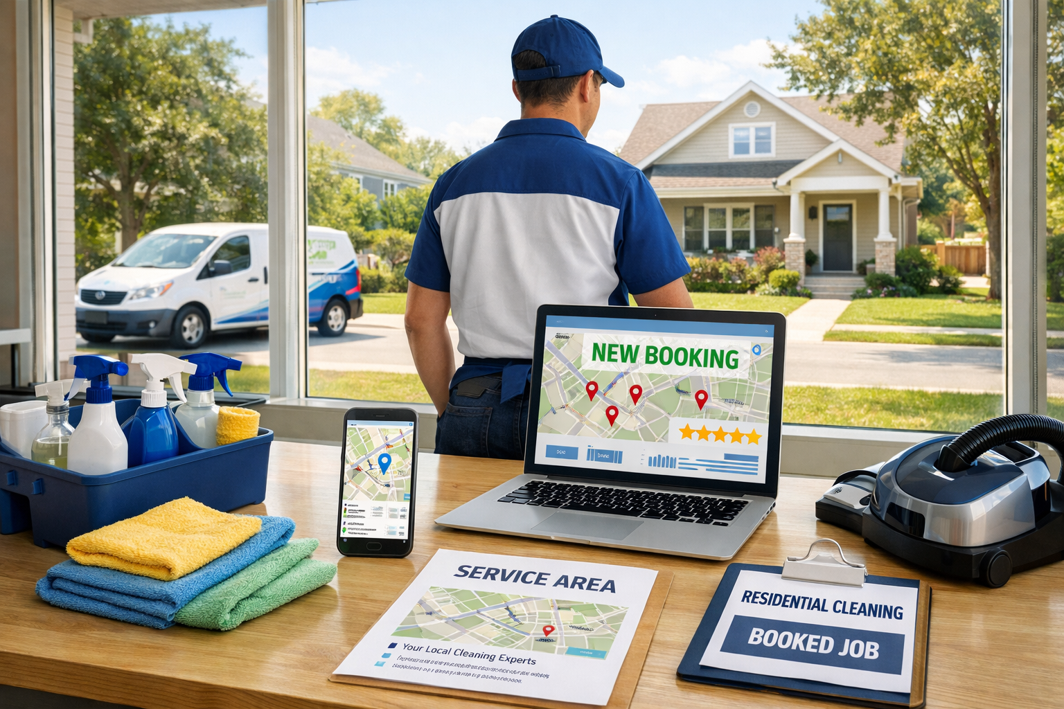 Cleaner reviews a “NEW BOOKING” SEO dashboard beside supplies, with a suburban home outside, illustrating cleaning services seo.