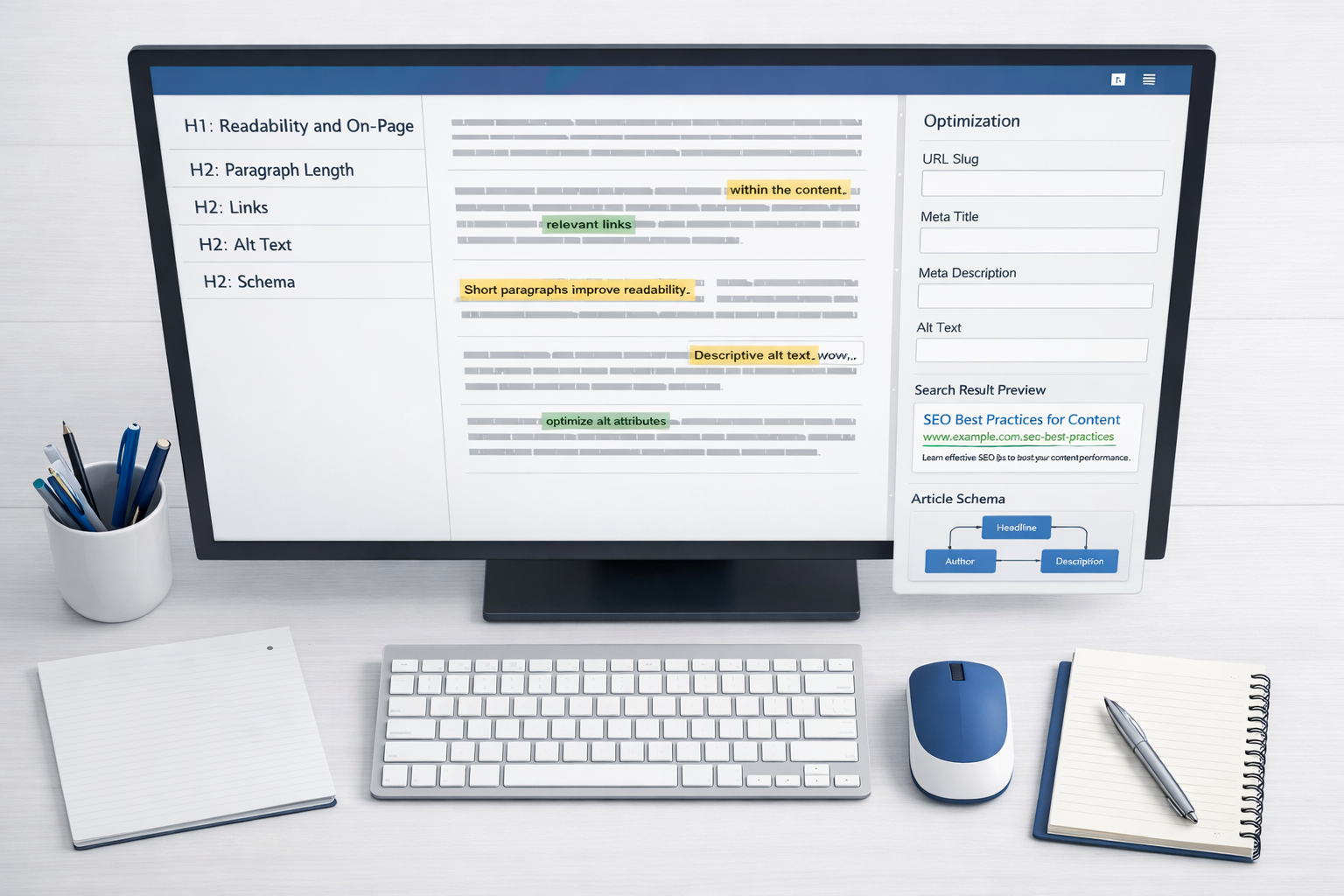 SEO posting format editor showing headings, short paragraphs, alt text, metadata, links, and schema on a tidy desk.