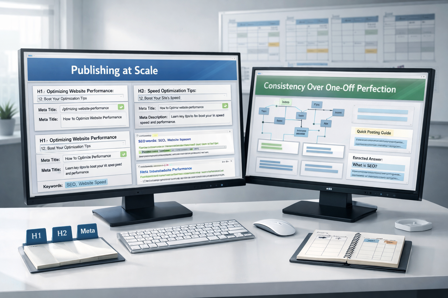 Modern editorial workspace with dual monitors showing an SEO publishing queue, article structure diagrams, and posting format notes.
