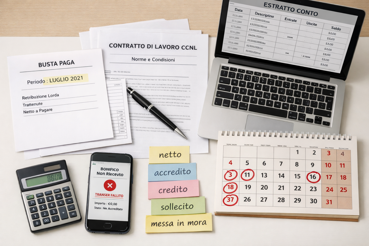 cosa fare se il datore di lavoro non paga lo stipendio: buste paga, contratto, estratto conto e note legali sul tavolo