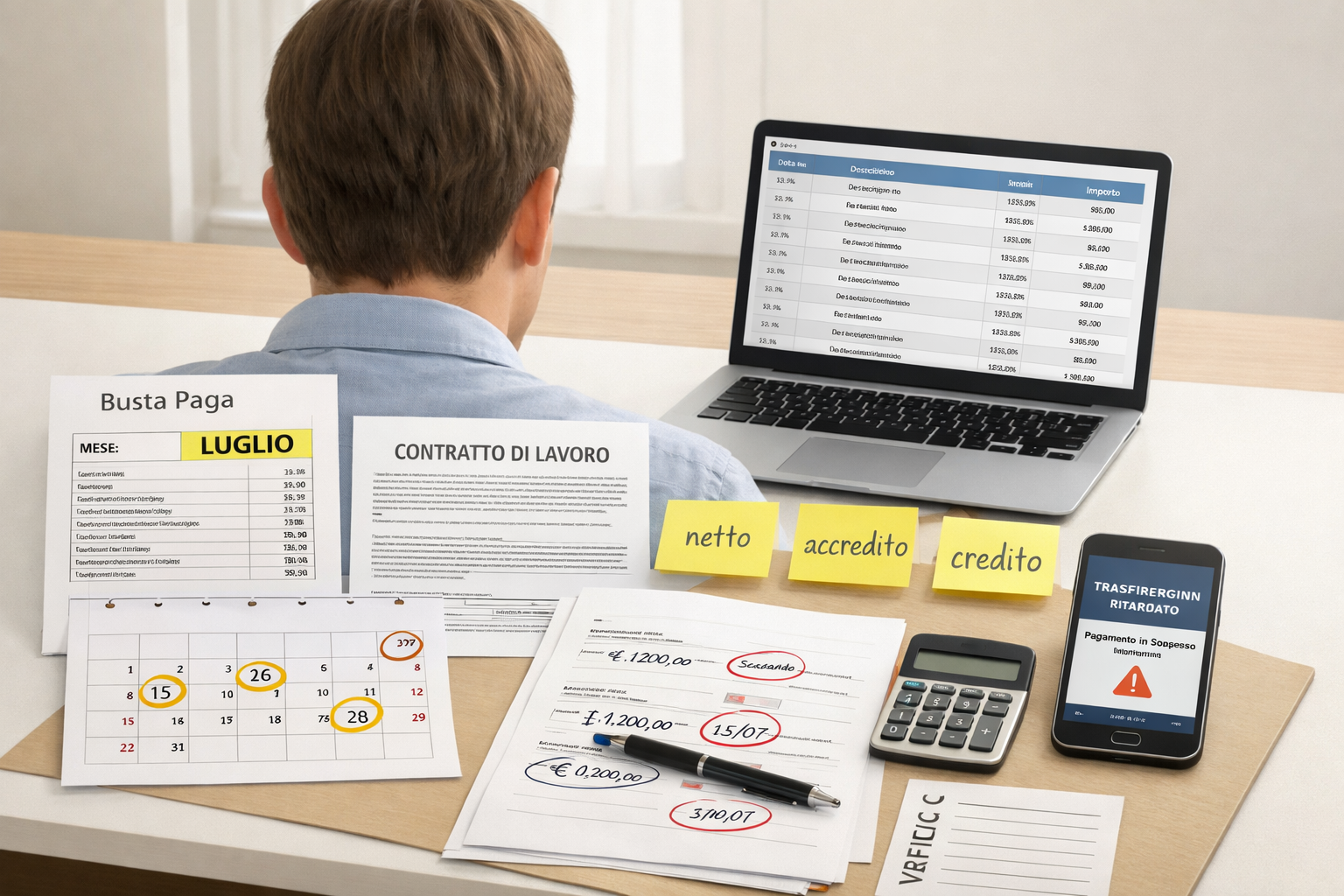 Ufficio con documenti su busta paga e banca, per cosa fare se il datore di lavoro non paga lo stipendio