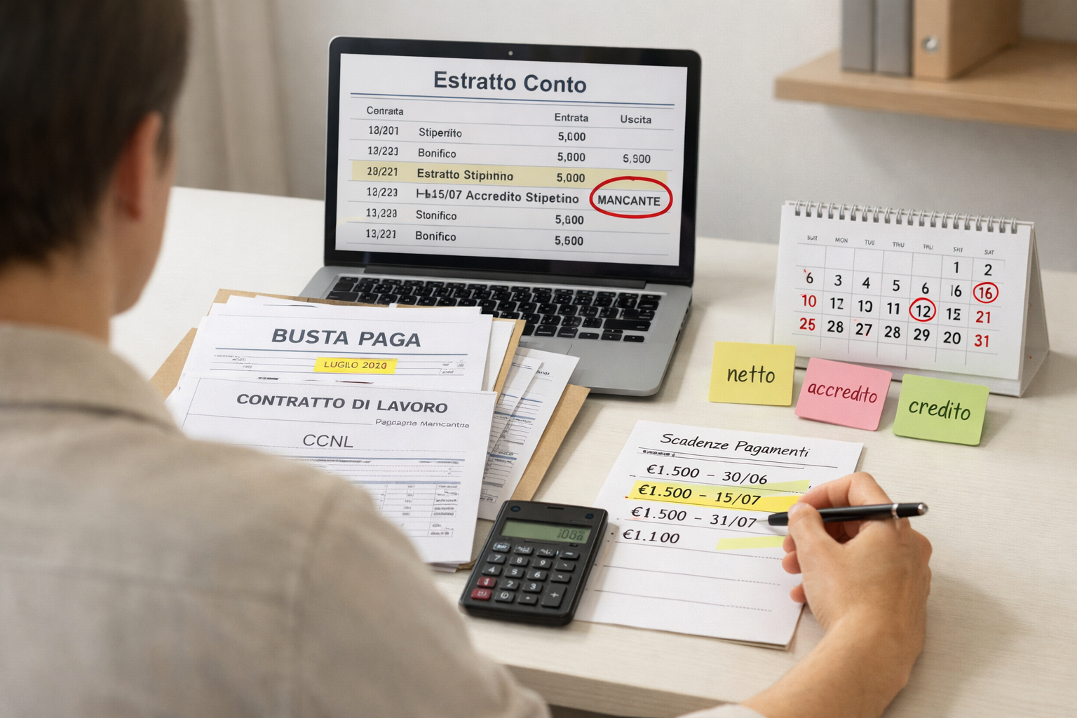 Scrivania con busta paga, contratto e conto bancario: cosa fare se il datore di lavoro non paga lo stipendio