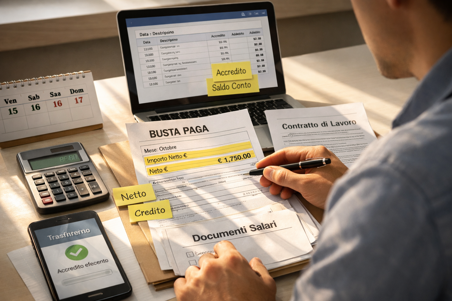 Scrivania con buste paga, contratto e calcolatrice; tema cosa fare se il datore di lavoro non paga lo stipendio