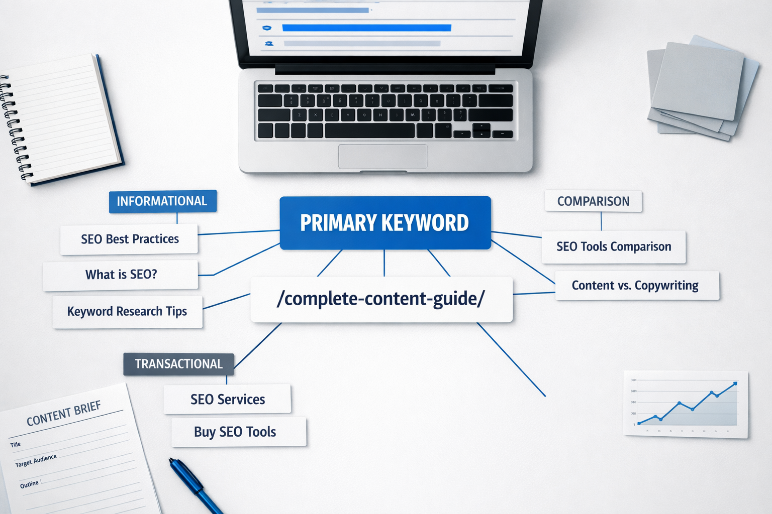SEO planning flat lay showing how many keywords for seo map from one primary keyword to a single URL with supporting topic clusters
