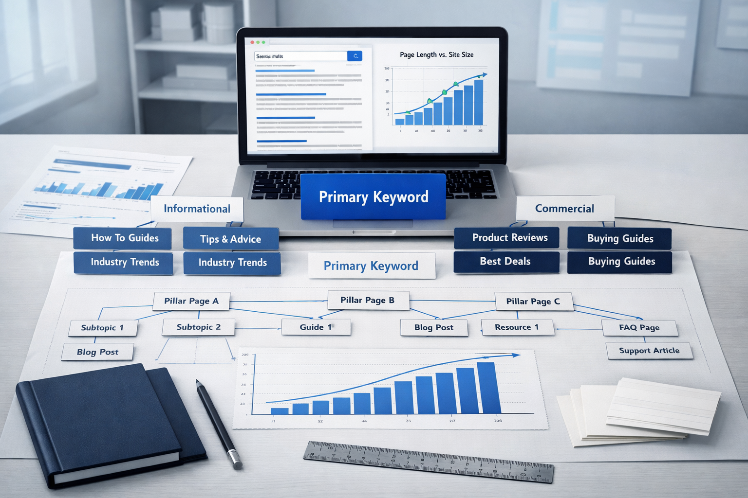 Bird’s-eye SEO workspace with laptop charts, keyword clusters, topic map, and notes explaining how many keywords for seo.