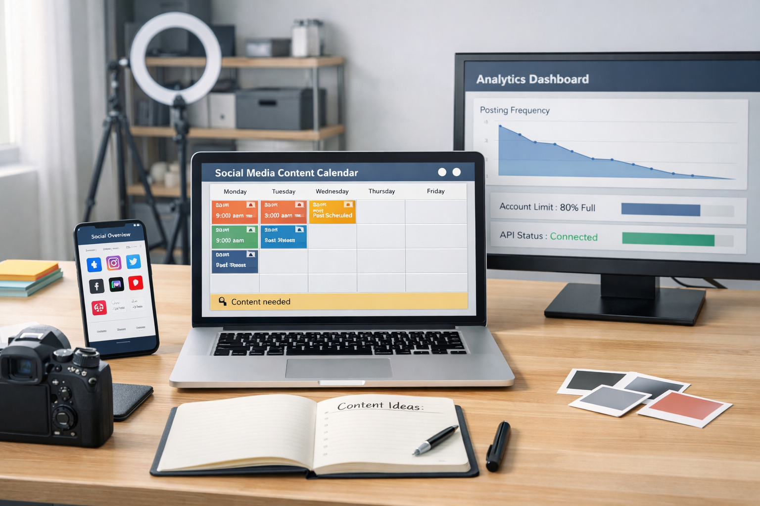 Modern content studio with laptop calendar showing scheduled posts, long empty gaps, and “Content needed”; tools to automate post planning.