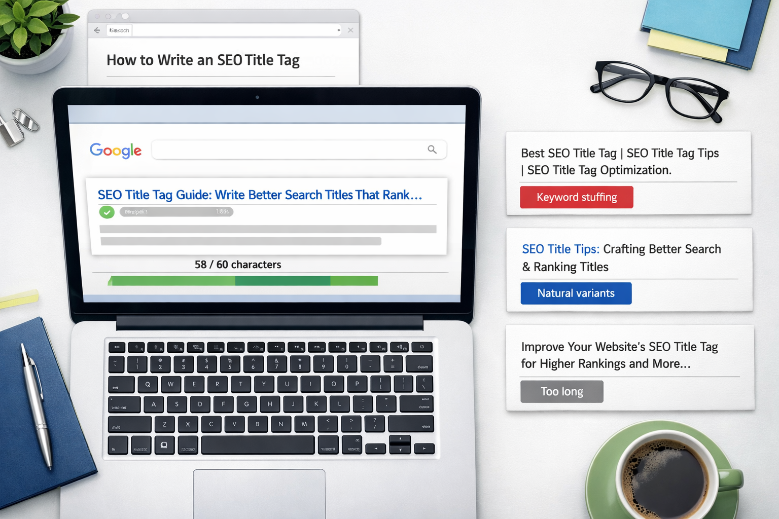 SEO editor’s desk with laptop showing title preview and keywords in title, character counter, safe width bar, and tag comparison cards.