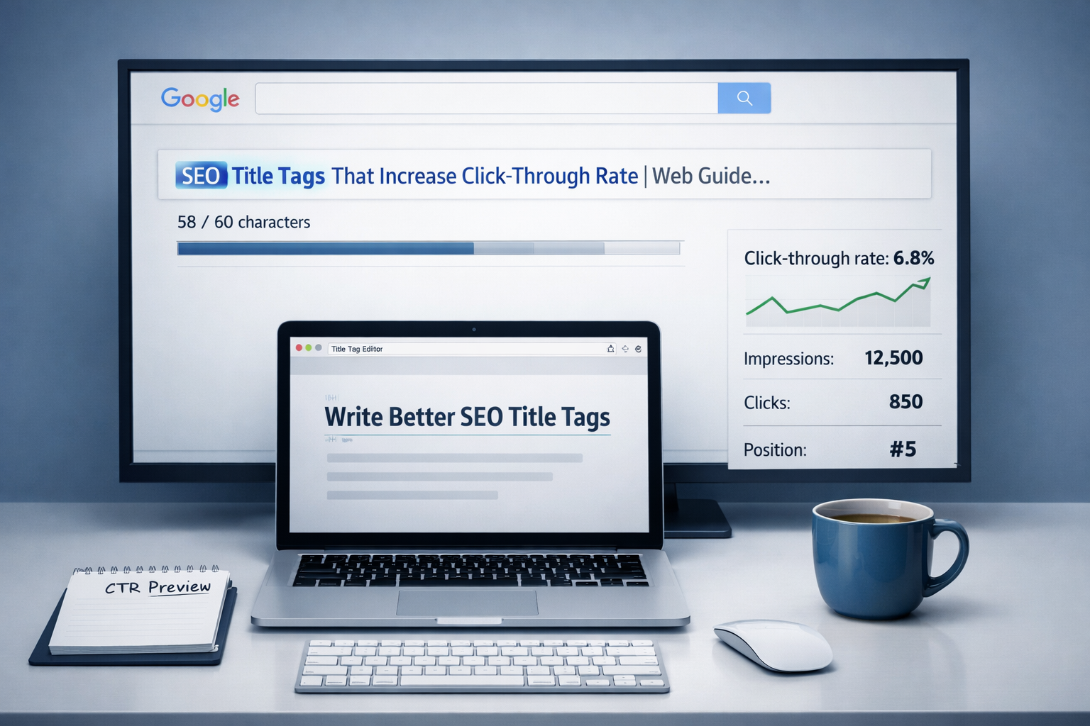 SEO editor workspace showing title preview, CTR analytics, and keywords in title on laptop and monitor screens.