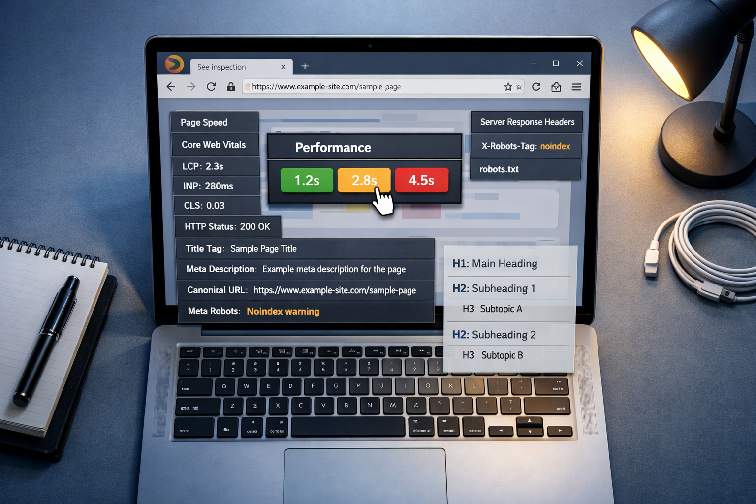 SEO for Firefox toolbar on laptop showing page-level diagnostics, Core Web Vitals, metadata, robots.txt, and amber noindex warning.