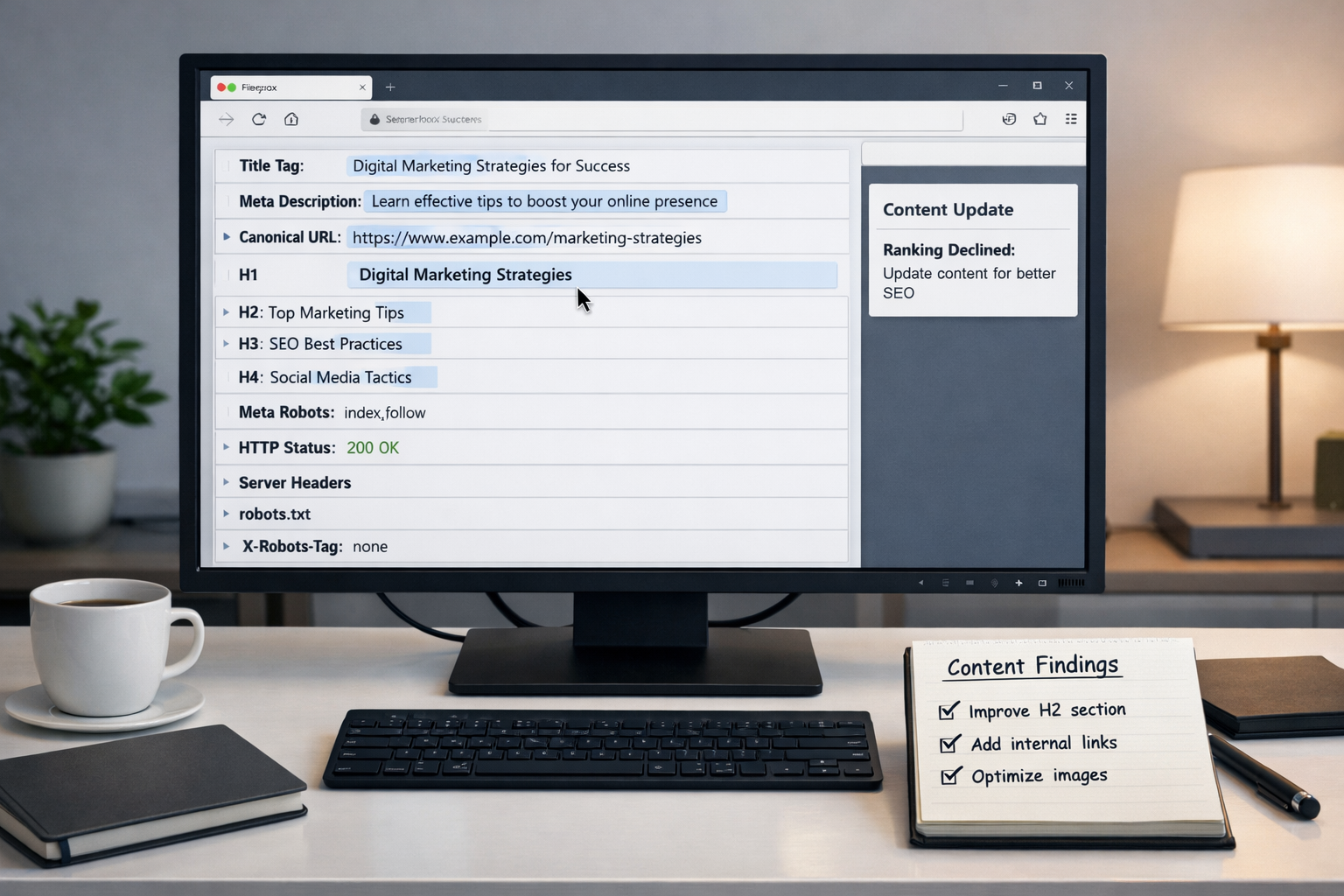 SEO for Firefox toolbar inspecting page metadata, headings, robots directives, and HTTP 200 status on a modern marketing desk.