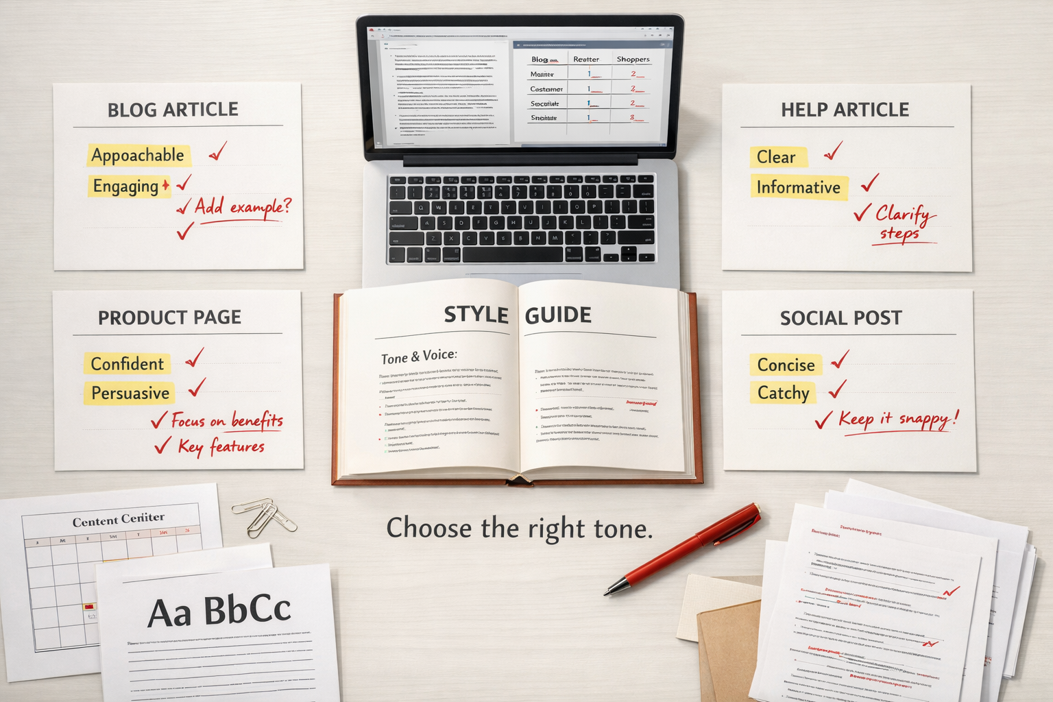 Flat lay of labeled writing formats, tone notes, and a style guide; list of tones in writing with editorial tools.
