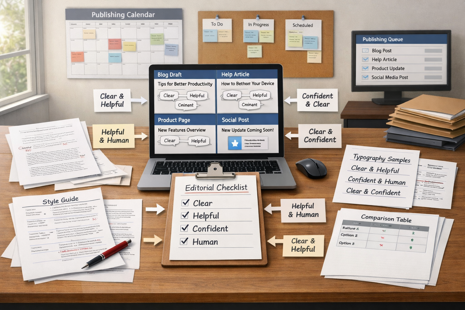 Editorial workspace showing unified content across formats, with a list of tones in writing, drafts, calendars, and style guides.