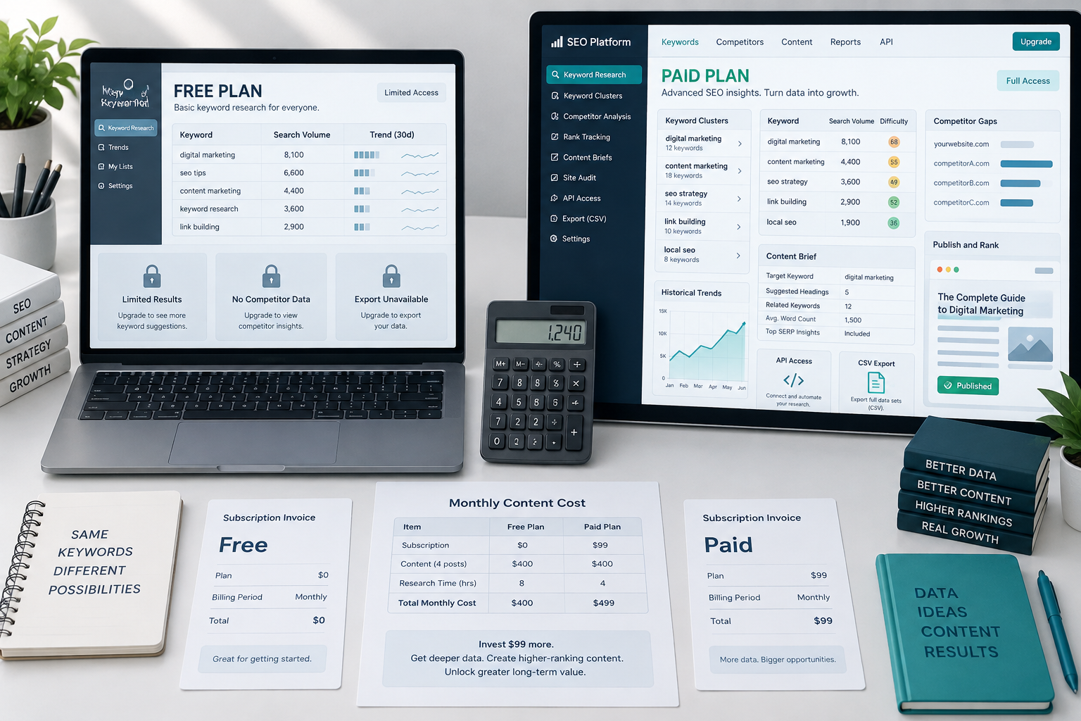 Overhead comparison of free versus paid SEO keyword tools, showing limited data, expanded insights, costs, and keywords price.