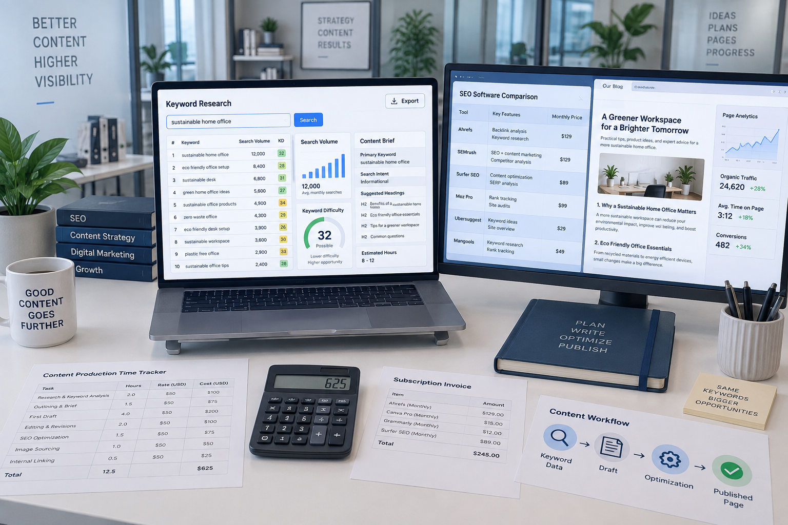 Modern SEO workspace with keyword dashboard, content brief, pricing table, and workflow from data to published page; keywords price.