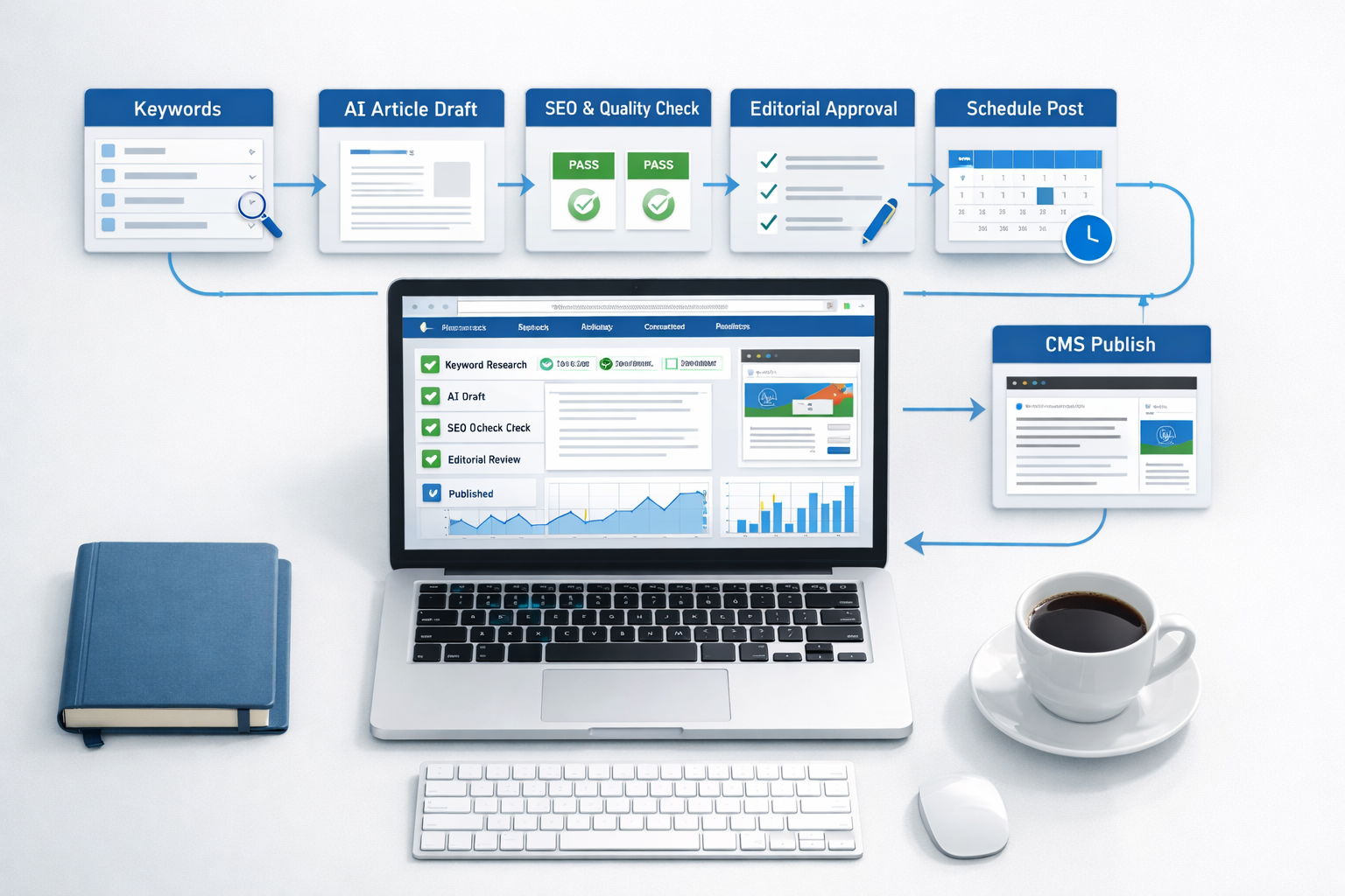 Overhead workstation showing content automation platforms workflow from keyword research to scheduled CMS publishing.
