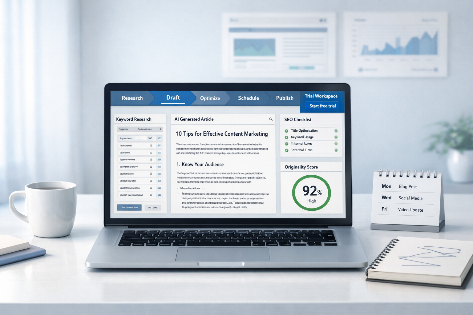 Modern workspace with laptop showing content automation platforms, keyword research, AI draft, SEO checks, workflow ribbon, coffee, notebook, and calendar.