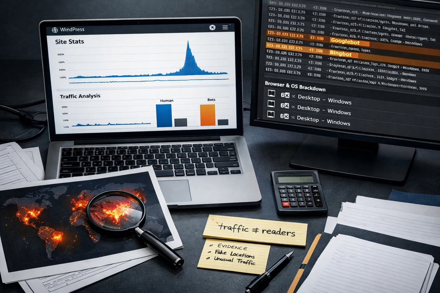 Overhead analytics investigation with WordPress spike charts, bot logs, heat map, and notes exposing blog bots versus real readers.