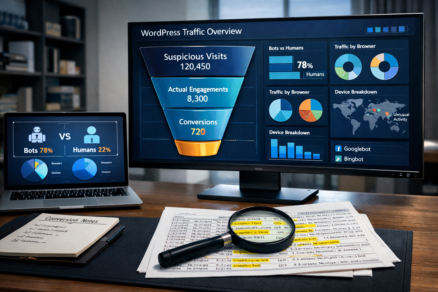 Analytics workspace showing a WordPress funnel separating blog bots and suspicious visits from meaningful human conversions.