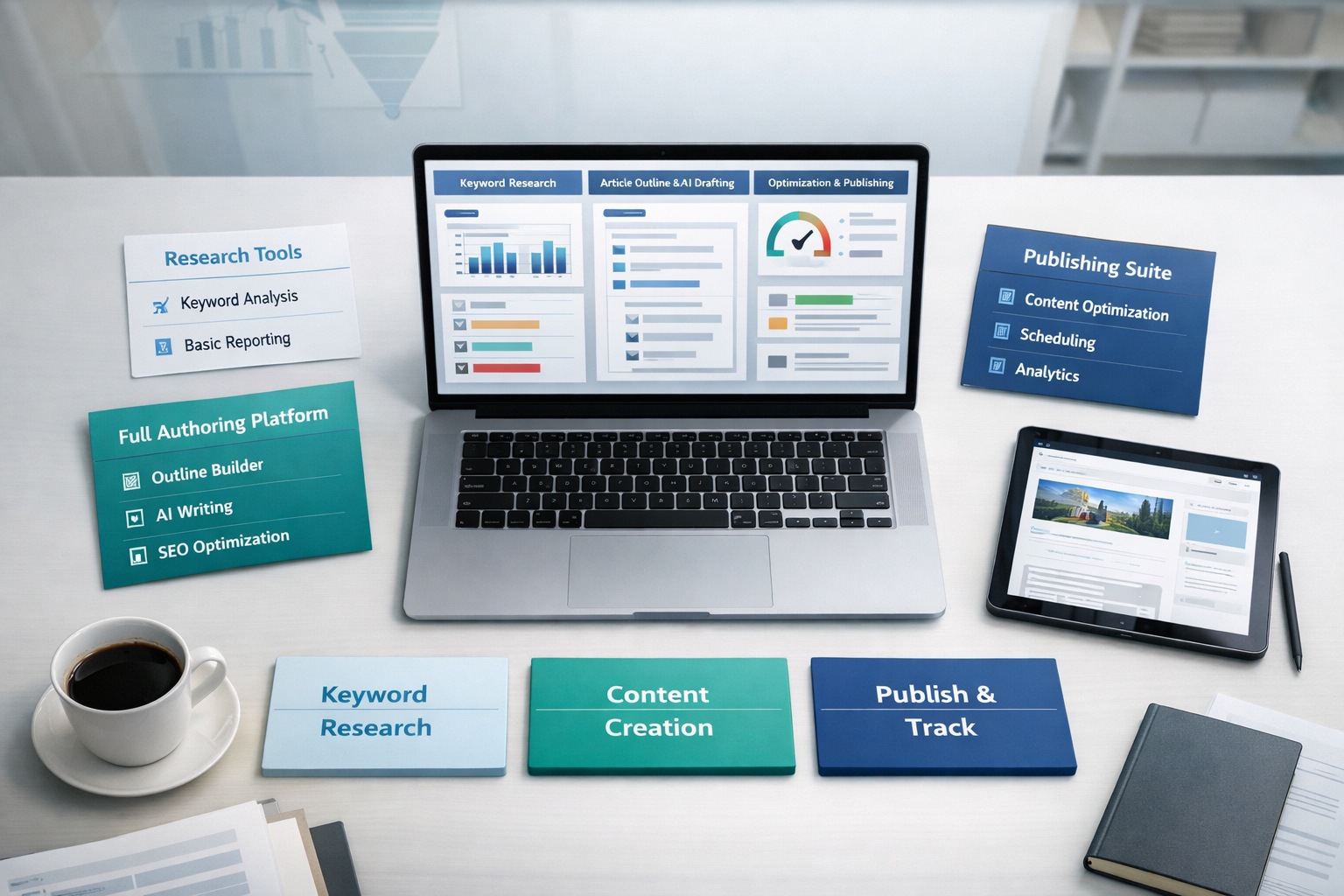 Overhead SEO workspace comparing author tool types: laptop panels for research, drafting, optimization, and publishing.