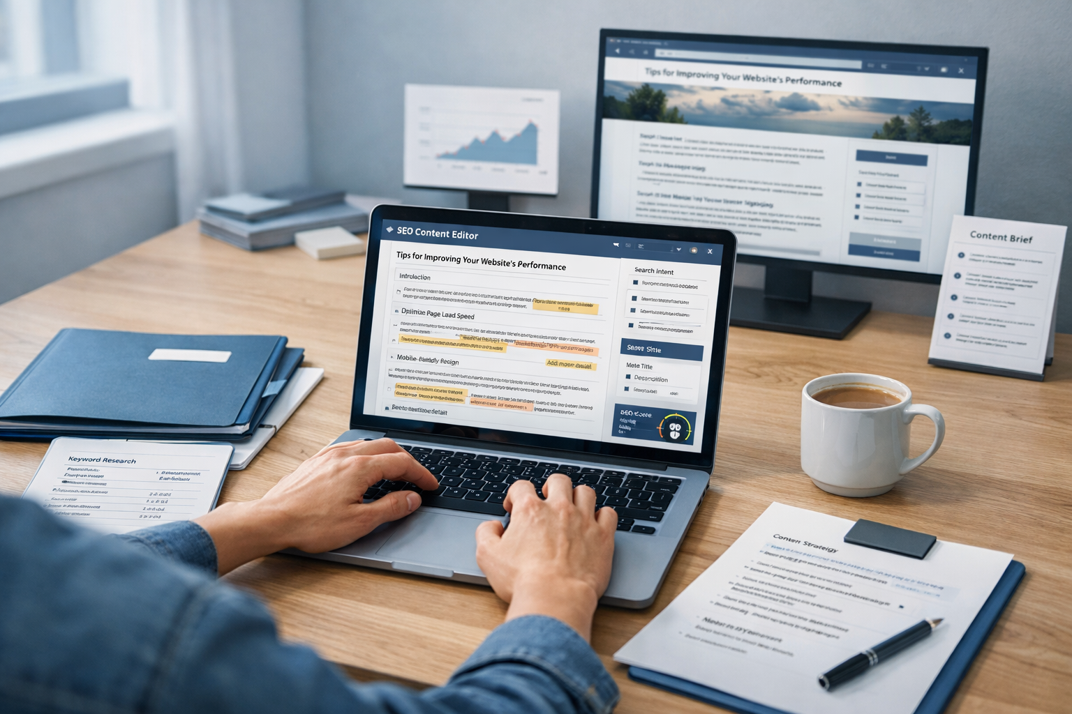 SEO author tool dashboard on a laptop, reviewed by a faceless content strategist at a bright, organized workspace with research notes.