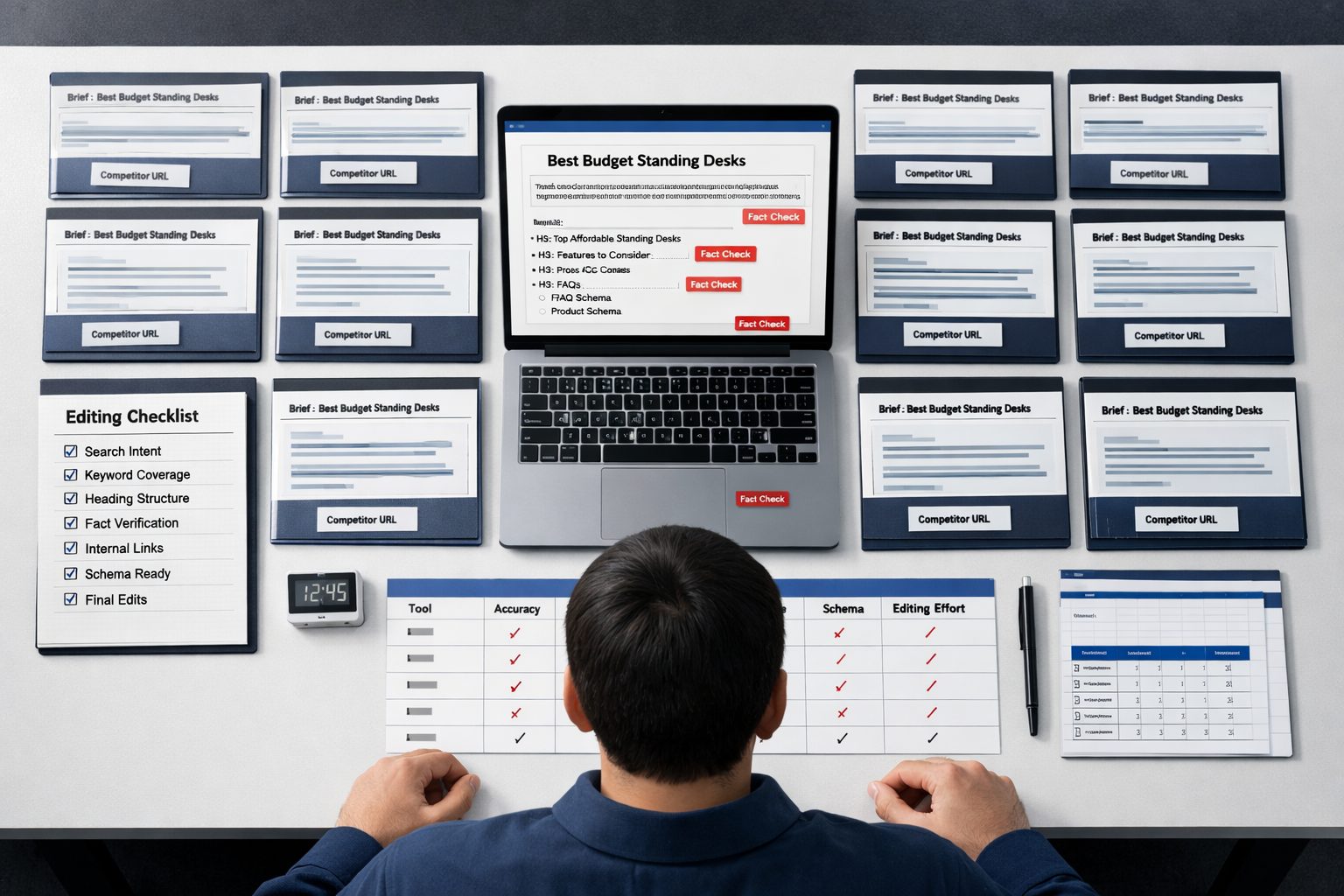 Overhead desk with laptop testing seo writing ai drafts, fact-check flags, checklists, comparison panels, and editor reviewing.