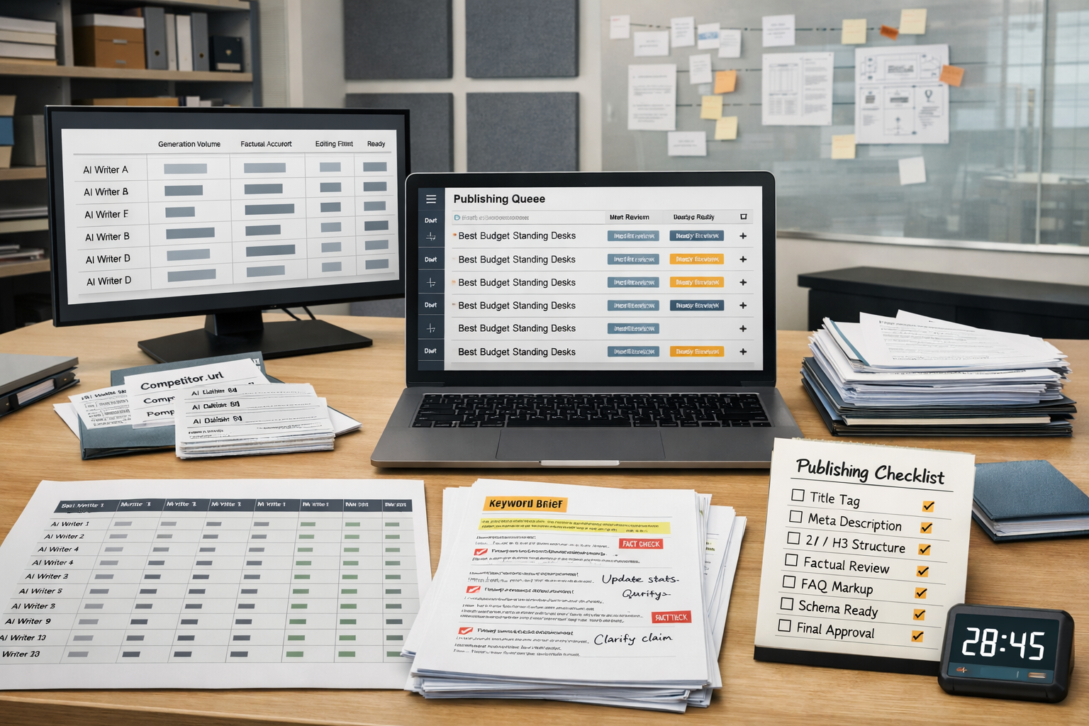Editorial workroom with AI content queue, comparison spreadsheet, review checklist, and fact-check notes for seo writing ai tools