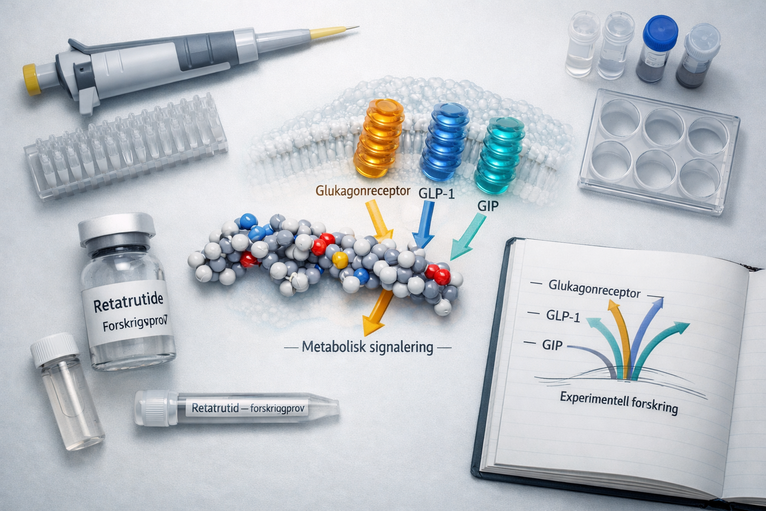 Vetenskapligt labb med Retatrutide-vial, molekylmodell, cellreceptor och tre signalvägar, omgivna av pipett och provrör.