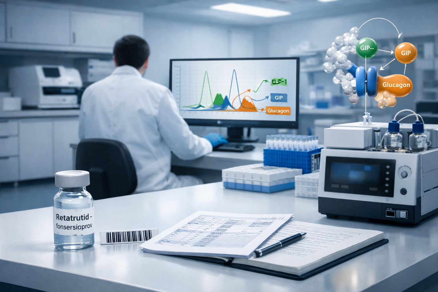 Modernt biomedicinskt laboratorium med Retatrutide-prov, HPLC, kromatogram och forskare i blå handskar vid analysbänk.