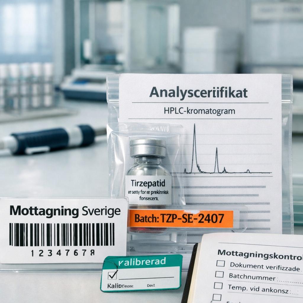 Analyscertifikat och batchkod för tirzepatid köpa på svensk laboratoriebänk, med vial, streckkod och HPLC-kromatogram.
