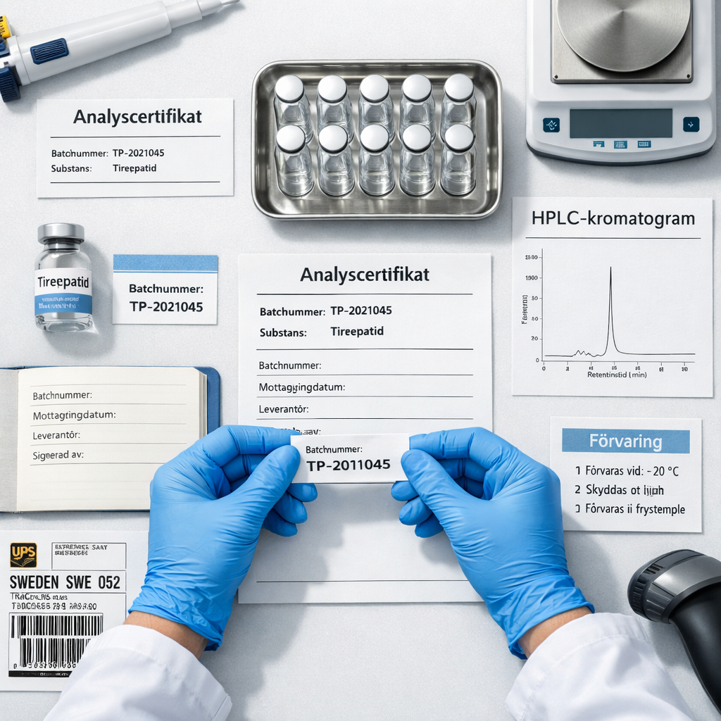 Laboratoriepersonal granskar Tirzepatid-vial, analyscertifikat och spårbarhetsdokument inför tirzepatid köpa.