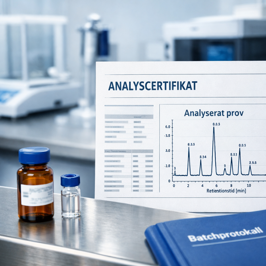 Svenskt analyscertifikat och HPLC-kromatogram bredvid förseglad peptidvial i laboratorium, peptider sverige