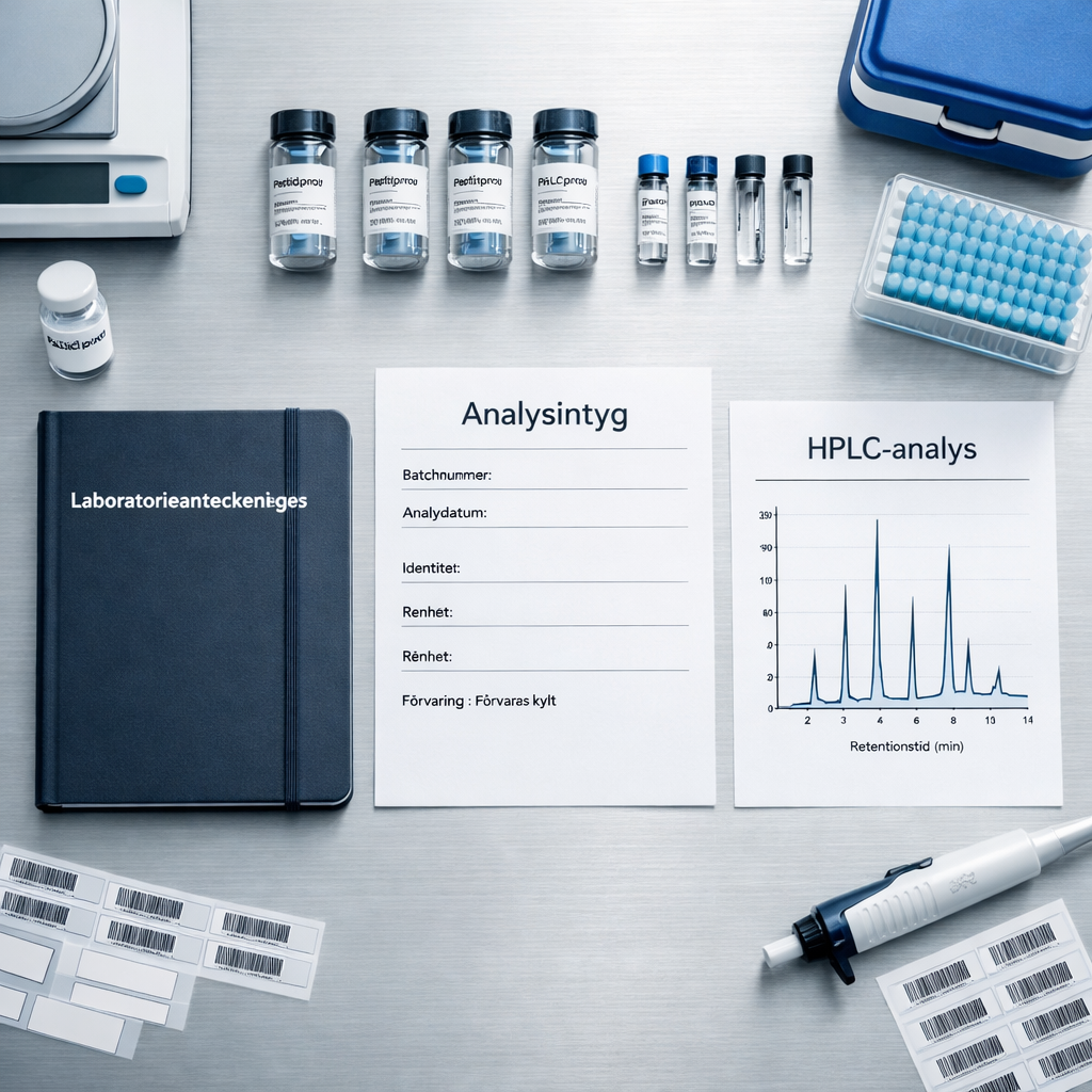 Fågelperspektiv över svenskt laboratoriebord med analysintyg, HPLC-kromatogram och märkta peptider sverige-vialer.